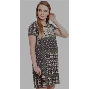 Label Ritu Kumar Pyramid Waves Dress Sz S Eyelet Black Green Tan Short Sleeve